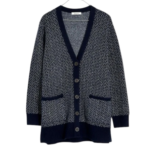 Madewell Birds Eye Maysfield Alpaca Wool Blend Cardigan Blue and White Cozy Soft - Picture 4 of 11